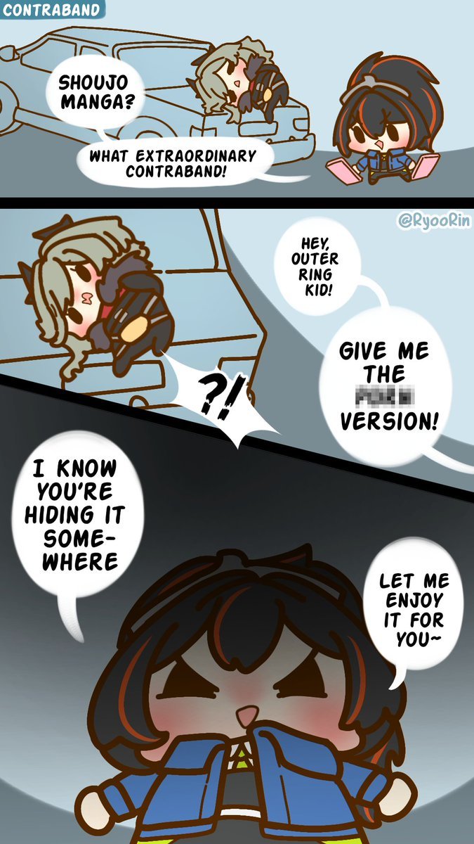 caesar king (zenless zone zero), zhu yuan, zenless zone zero, commentary, english commentary, highres, !?, 2girls, black hair, black horns, blue jacket, blush, car, censored, chibi, collared shirt, english text, evil smile, full body, green necktie, hair between eyes, horns, jacket, long hair, looking at viewer, mosaic censoring, motor vehicle, multicolored hair, multiple girls, necktie, open clothes, open jacket, open mouth, pants, police, police uniform, policewoman, red hair, ryoorin afuwu, scared, shirt, sleeping, smile, speech bubble, streaked hair, twitter username, upper body, white shirt