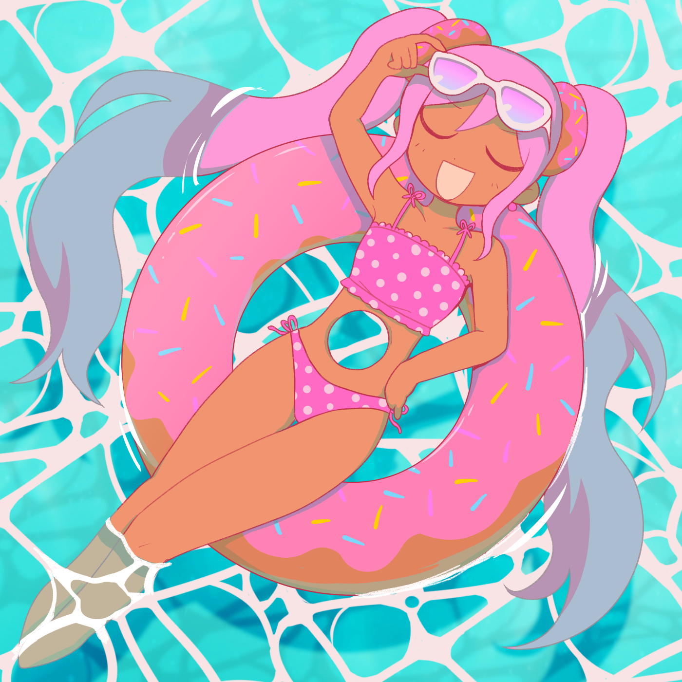 g tsurius, sweetheart (omori), omori, highres, 1girl, adjusting eyewear, alternate costume, arm up, bikini, breasts, closed eyes, collarbone, dark-skinned female, dark skin, donut hair ornament, eyewear on head, food-themed hair ornament, hair ornament, innertube, long hair, lying, on back, on innertube, open mouth, pink-tinted eyewear, pink bikini, pink hair, polka dot, polka dot bikini, small breasts, smile, solo, sunglasses, swim ring, swimsuit, tinted eyewear, twintails, water, white-framed eyewear