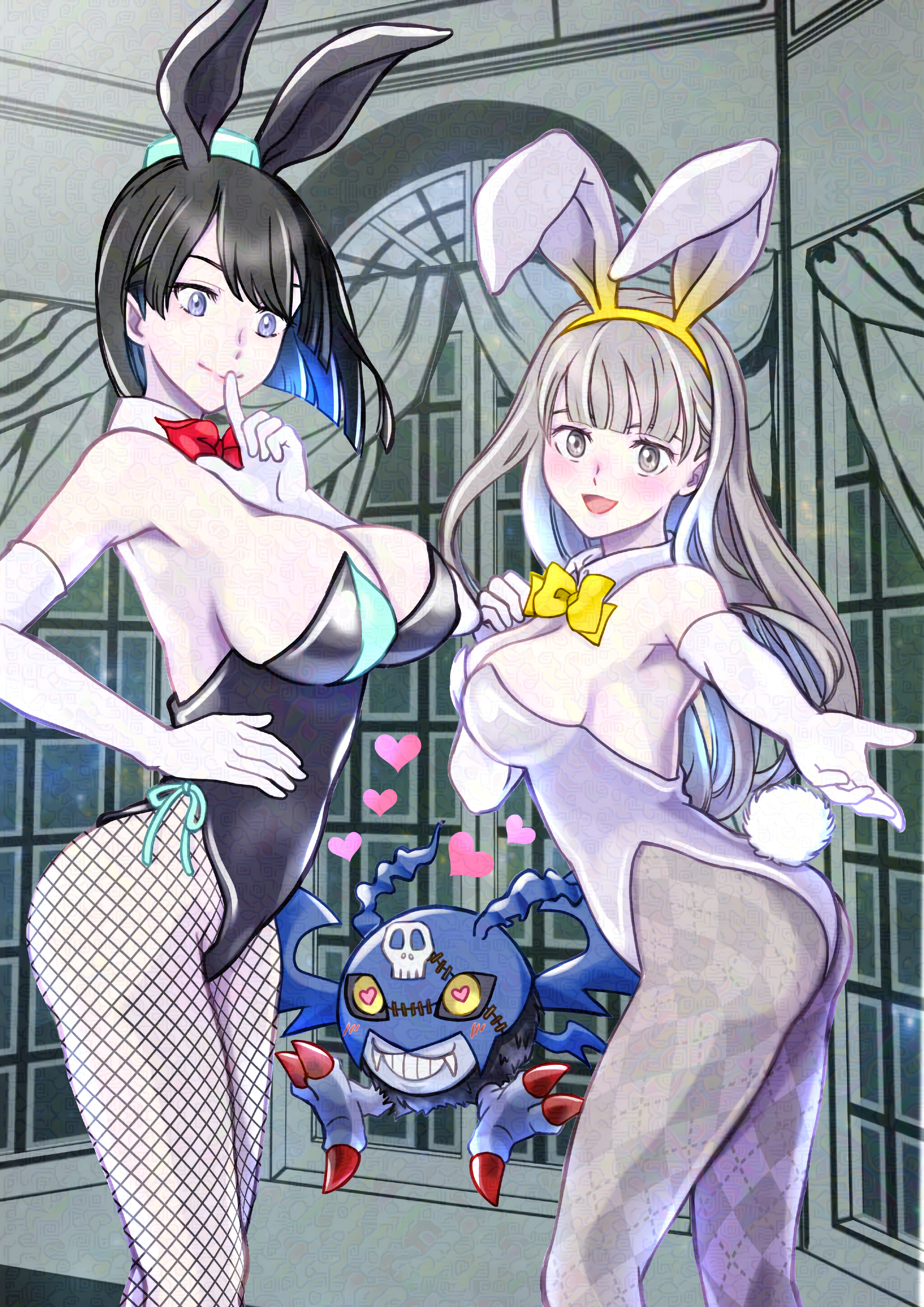 tsukaima (vfcou), misono inori, yuuki kanan, digimon, digimon story: time stranger, absurdres, highres, 2girls, animal ears, ass, bare shoulders, bat (animal), black hair, black leotard, blue eyes, blush, breasts, checkered pantyhose, cleavage, cowboy shot, digimon (creature), elbow gloves, fake animal ears, fake tail, finger to mouth, fishnet pantyhose, fishnets, gloves, green hat, grey eyes, grey hair, grey pantyhose, group picture, hat, indoors, large breasts, leotard, long hair, multiple girls, pantyhose, playboy bunny, rabbit ears, rabbit tail, short hair, strapless, strapless leotard, tail, two-tone pantyhose, white gloves, white leotard