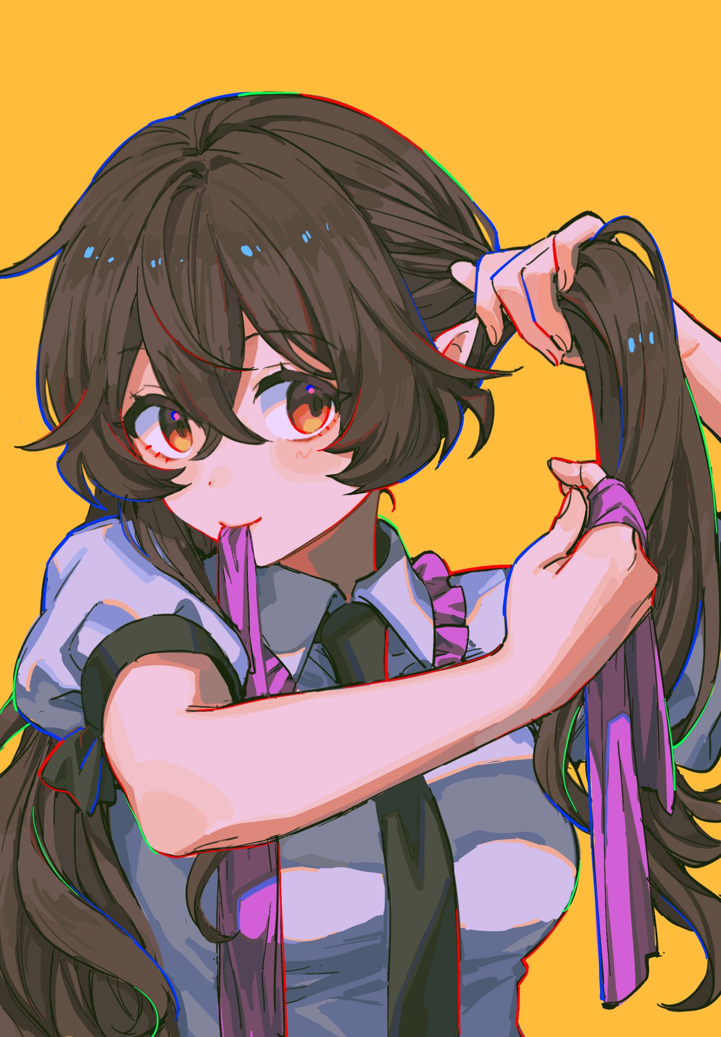 noriuma, himekaidou hatate, touhou, highres, 1girl, black necktie, breasts, brown hair, closed mouth, collared shirt, crossed bangs, frilled shirt collar, frills, hair between eyes, large breasts, long hair, mouth hold, necktie, orange eyes, pointy ears, puffy short sleeves, puffy sleeves, ribbon, ribbon in mouth, shirt, short sleeves, solo, tying hair, upper body, white shirt, wing collar, yellow background