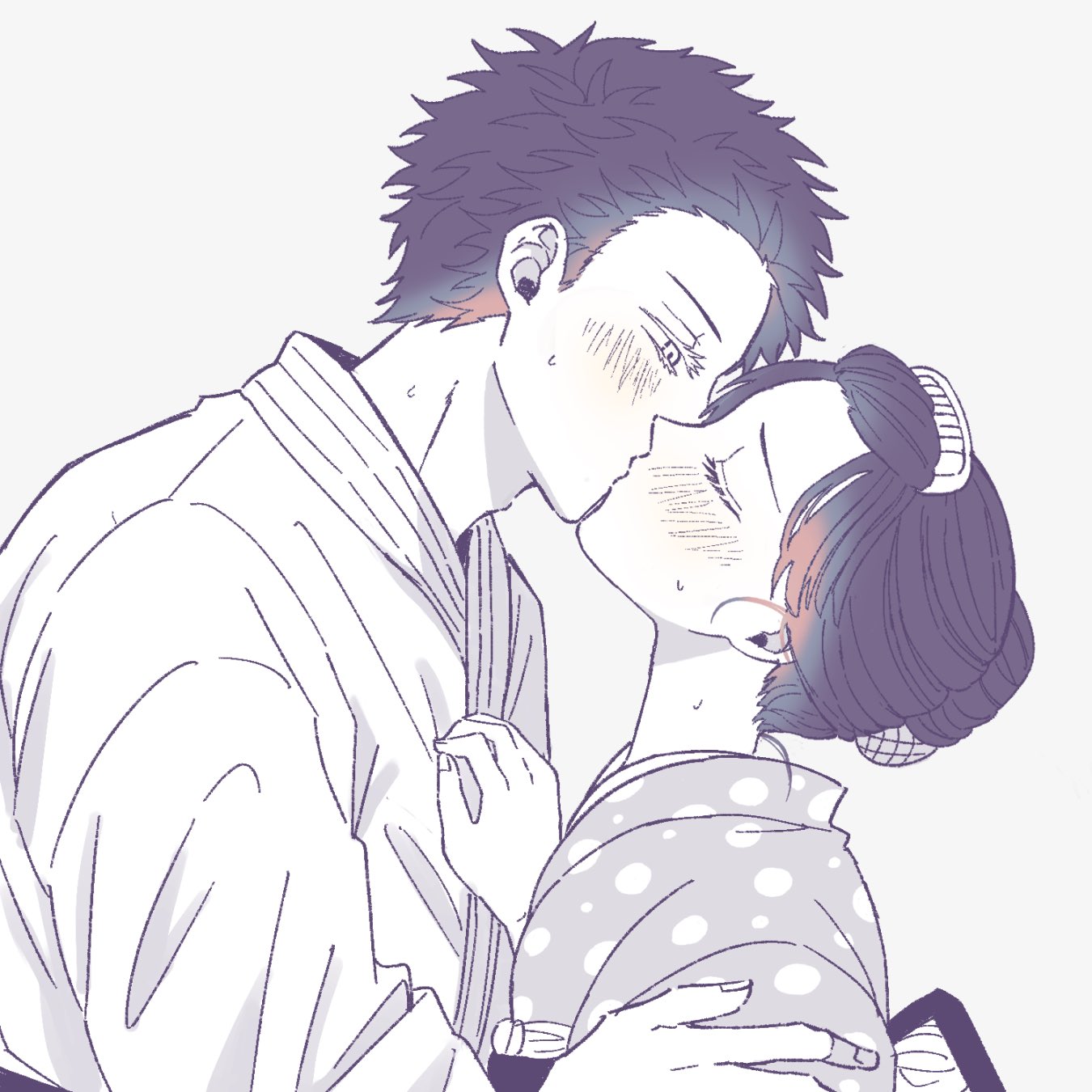 koyuki (kimetsu no yaiba), kimetsu no yaiba, commentary request, highres, 1boy, 1girl, blush, closed eyes, couple, dougi, greyscale, hair pulled back, half-closed eyes, height difference, hetero, hutonderarenai, japanese clothes, kimono, kiss, monochrome, polka dot, polka dot kimono, short hair, simple background, spot color, updo, upper body, white background