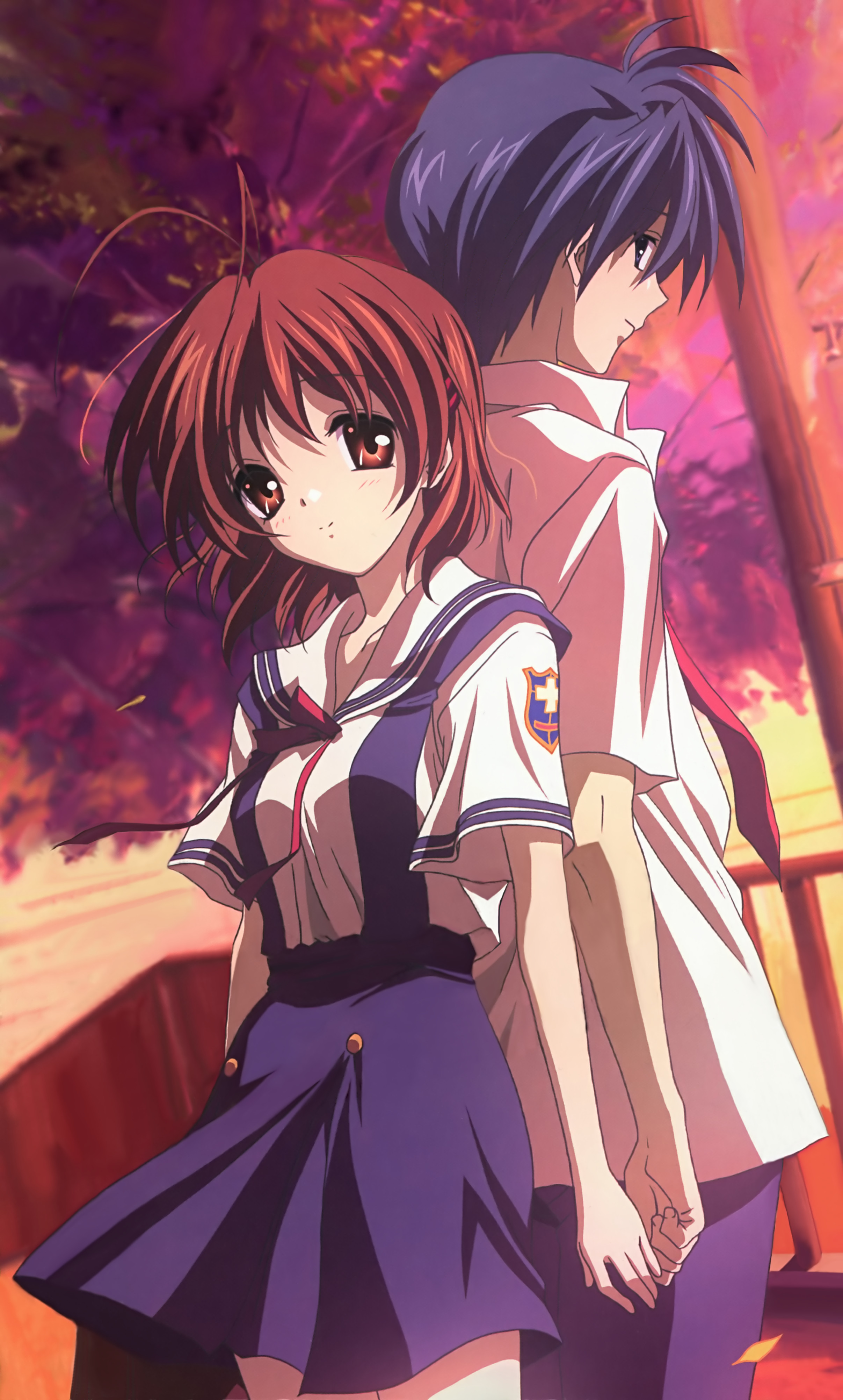 furukawa nagisa, okazaki tomoya, clannad, absurdres, highres, non-web source, official art, 00s, antenna hair, blue hair, bow, brown eyes, brown hair, ribbon, school uniform, serafuku, short hair