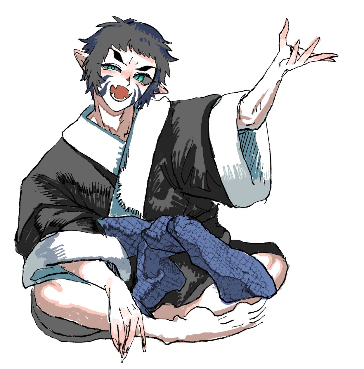 kaigaku, kimetsu no yaiba, highres, 1boy, arm up, black hair, black kimono, blue tattoo, colored sclera, daitai ita, facial tattoo, fangs, full body, green eyes, grey sclera, japanese clothes, kimono, looking at viewer, male focus, open mouth, short hair, simple background, sitting, solo, tattoo, teeth, white background, wide sleeves