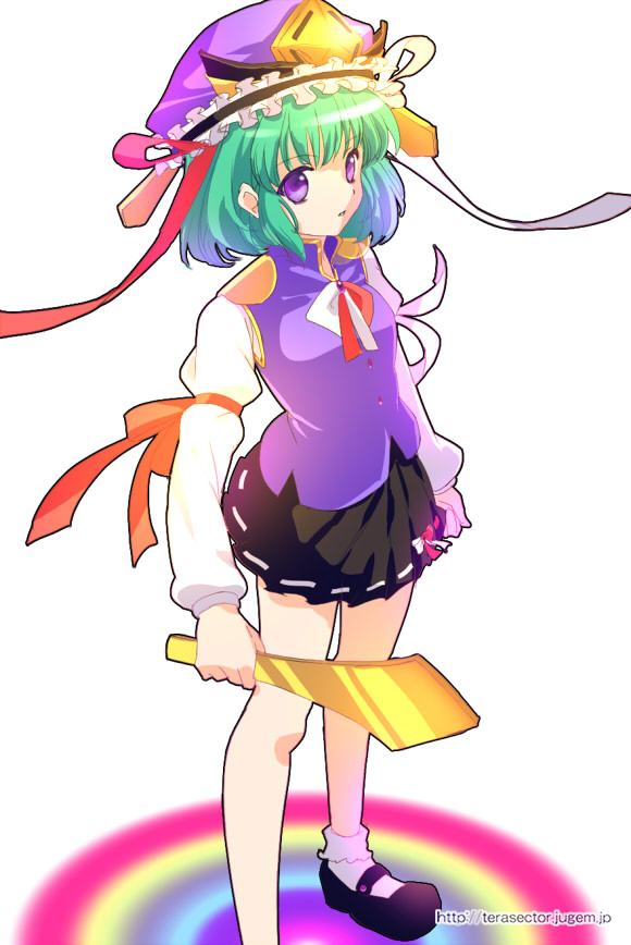omuni, shiki eiki, touhou, 1girl, asymmetrical clothes, female focus, green hair, hat, purple eyes, ribbon, rod of remorse, short hair, skirt, solo, white background