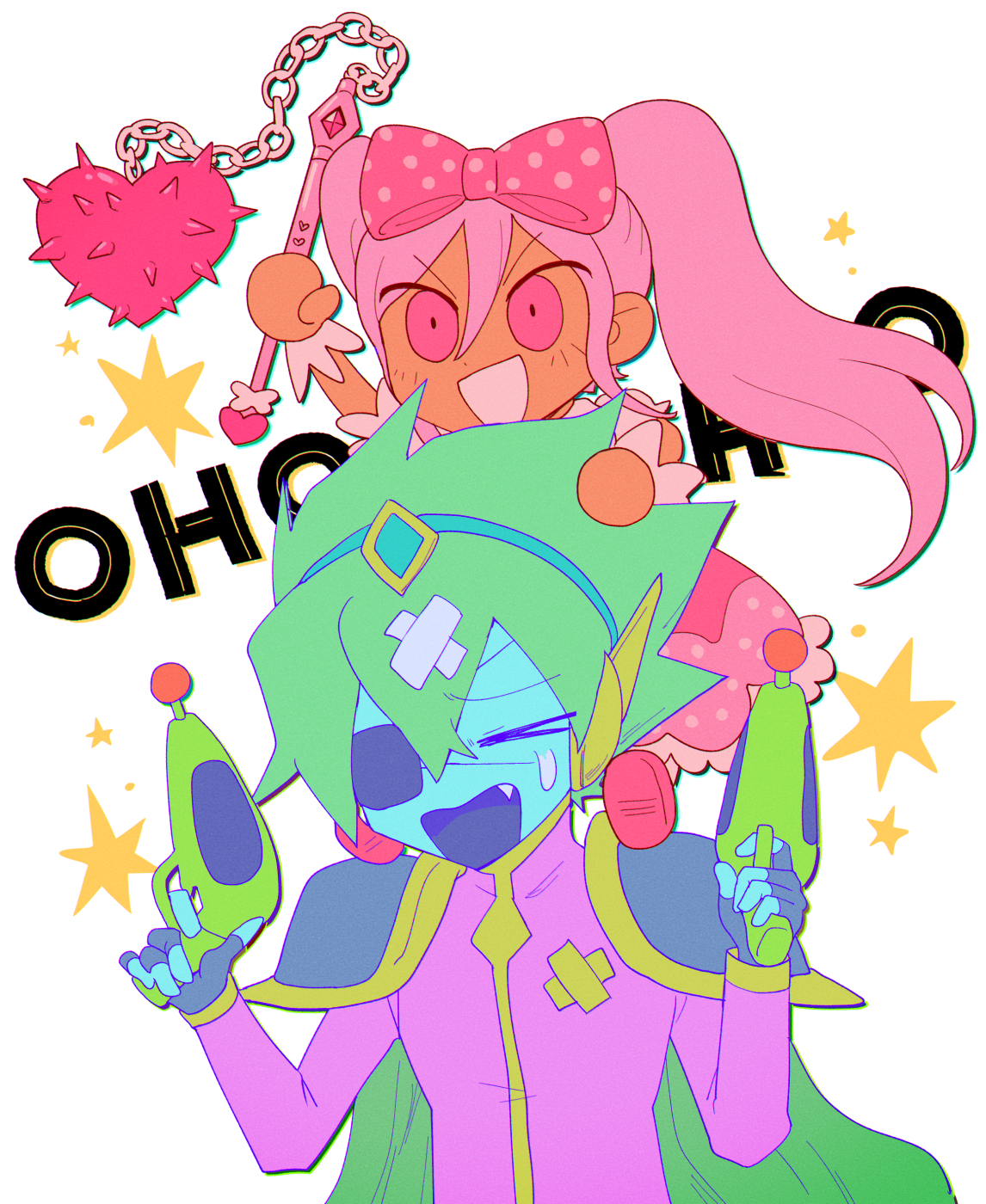 g tsurius, captain spaceboy, sweetheart (omori), omori, highres, 1boy, 1girl, arm up, bandaid, bandaid on head, black gloves, blush, bow, cape, chibi, crossed bandaids, dress, eyepatch, fang, fingerless gloves, flail, gloves, green cape, green hair, hair bow, holding flail, long hair, long sleeves, one eye closed, open mouth, pink dress, pink eyes, pink hair, pink shoes, polka dot, polka dot bow, shoes, short hair, simple background, smile, twintails, weapon, white background