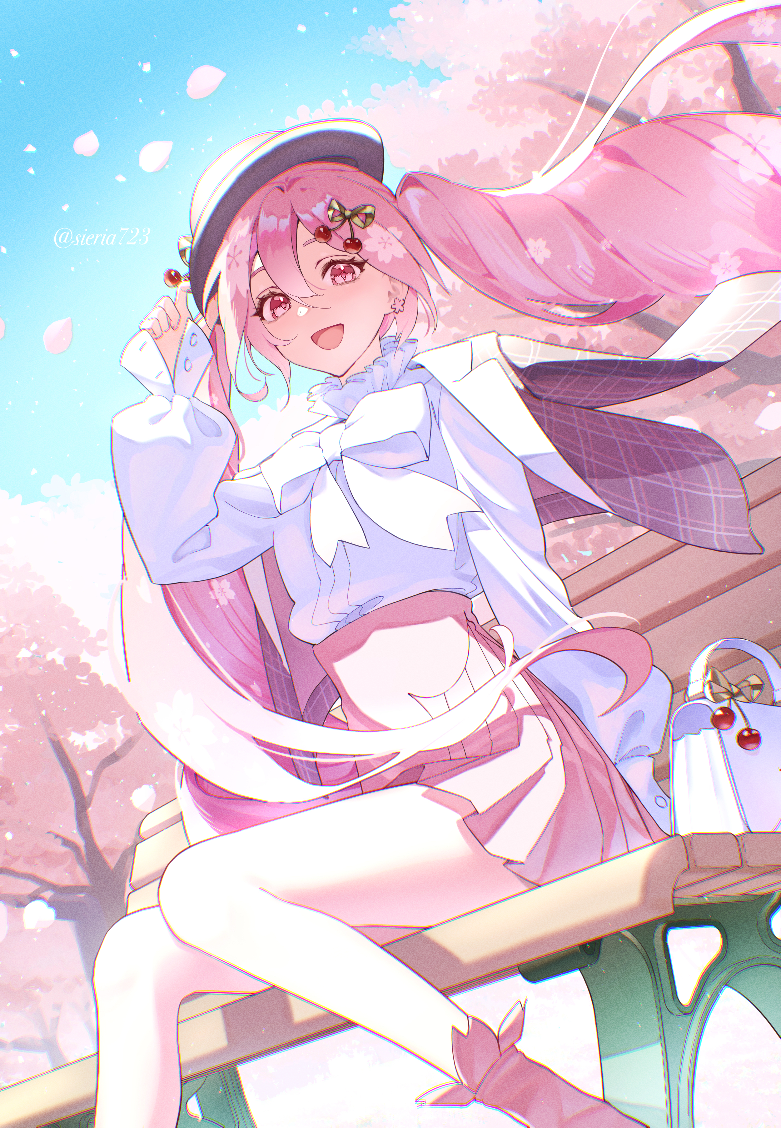 sierra fall, hatsune miku, sakura miku, sakura miku (rella), vocaloid, absurdres, highres, 1girl, alternate costume, bag, bench, blush, cherry blossoms, cherry hair ornament, falling petals, food-themed hair ornament, hair between eyes, hair ornament, handbag, hat, long hair, long sleeves, looking at viewer, miku day, on bench, open mouth, petals, pink eyes, pink hair, pink petals, pink skirt, pleated skirt, shirt, skirt, smile, solo, twintails, twitter username, very long hair, white hat, white shirt, wooden bench