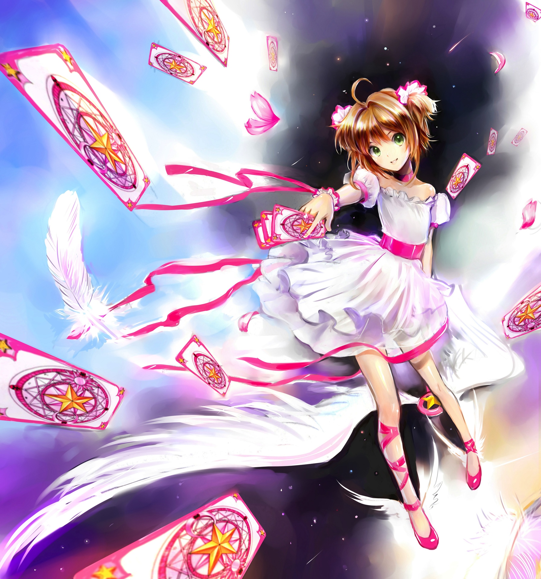 centimetre, kinomoto sakura, kinomoto sakura (astral sakura), sakura card, cardcaptor sakura, highres, 1girl, ahoge, card, choker, dress, feathers, full body, hair intakes, holding, holding card, hoshi no tsue, petals, pink choker, pink ribbon, pink shoes, puffy short sleeves, puffy sleeves, ribbon, shoes, short dress, short sleeves, solo, two side up, white dress
