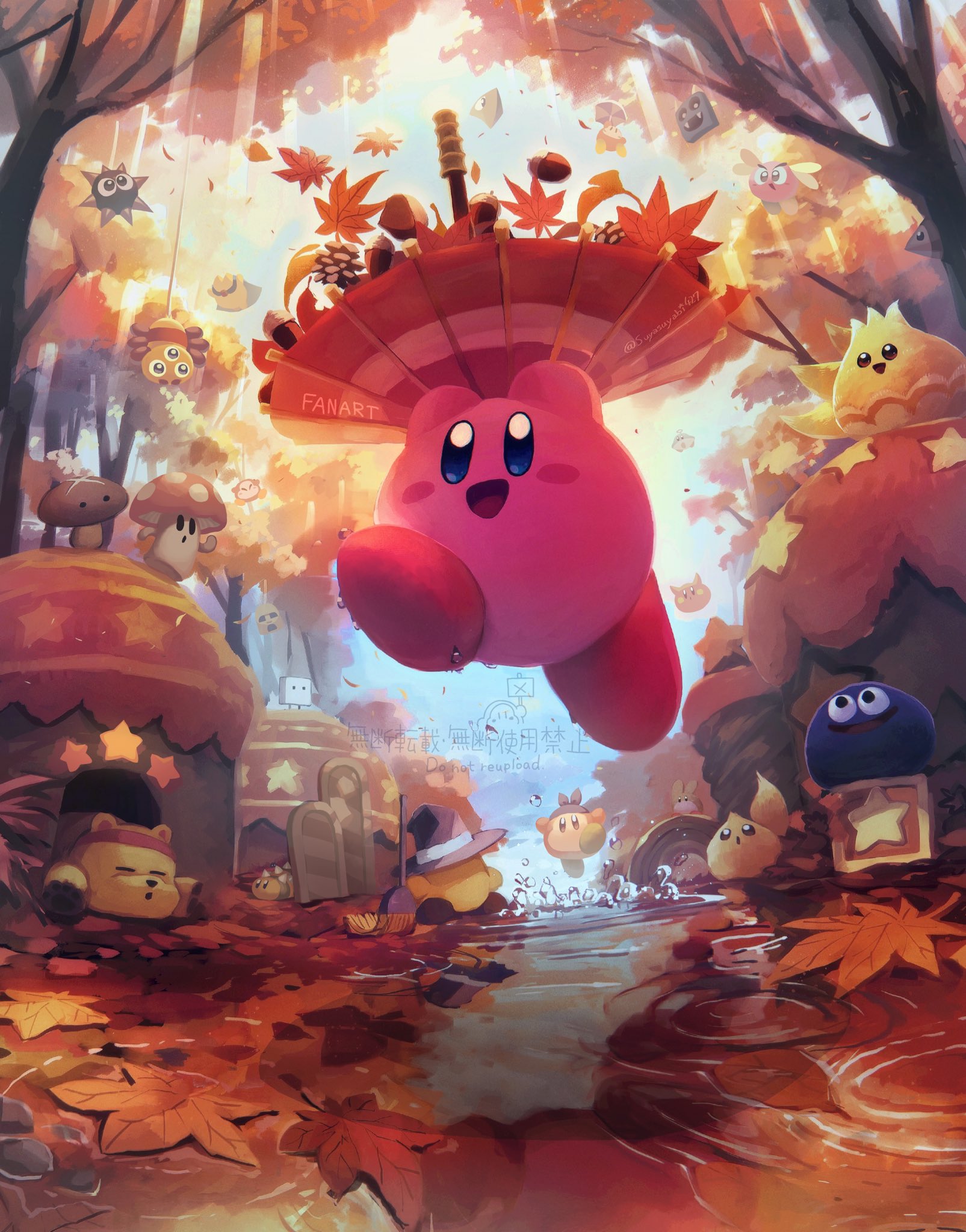 suyasuyabi, bandana waddle dee, bronto burt, gooey (kirby), kirby, kirby (series), nintendo, character request, highres, autumn leaves, black eyes, blush stickers, bug, cape, closed eyes, creature, flower, forest, full body, holding, jumping, leaf, leg up, mushroom, nature, no humans, open mouth, outdoors, red shoes, shoes, smile, spider, star (symbol), water