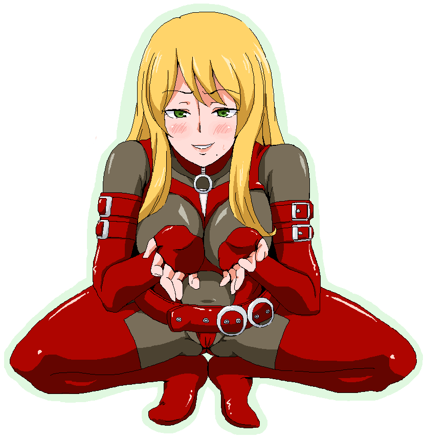 sima (sima30), adette kistler, overman king gainer, 00s, belt, blonde hair, blush, bodysuit, boots, buckle, choker, elbow gloves, gloves, green eyes, mole, oekaki, solo, spread legs, squatting, thigh boots, thighhighs