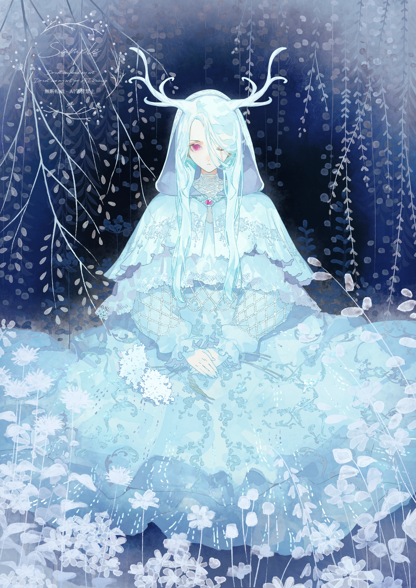 kao o0, original, highres, 1girl, aqua dress, aqua hair, dress, facing viewer, flower, frilled sleeves, frills, horns, jewelry, long hair, long sleeves, one eye closed, own hands together, puffy sleeves, red eyes, sitting