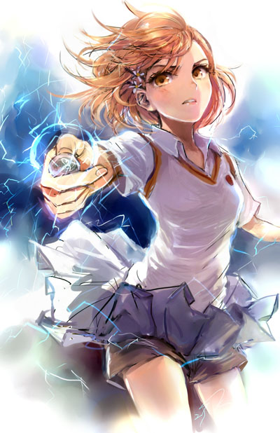 centimetre, misaka mikoto, toaru kagaku no railgun, toaru majutsu no index, photoshop (medium), 1girl, breasts, coin, cowboy shot, electricity, grey sweater vest, miniskirt, orange eyes, orange hair, school uniform, short hair, shorts, shorts under skirt, skirt, small breasts, solo, sweater vest, tokiwadai school uniform