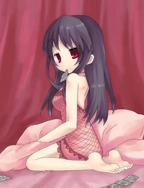fumi (xxthink), fumiko (pixiv 110003), original, bad id, bad pixiv id, 1girl, barefoot, bed, black hair, breasts, chemise, condom, condom in mouth, condom packet strip, condom wrapper, feet, female focus, kneeling, long hair, mouth hold, red eyes, soles, solo