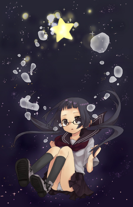 fumi (xxthink), fumiko (pixiv 110003), original, bad id, bad pixiv id, black eyes, black hair, glasses, kneehighs, long hair, panties, school uniform, serafuku, shoes, socks, solo, tears, underwear, upskirt
