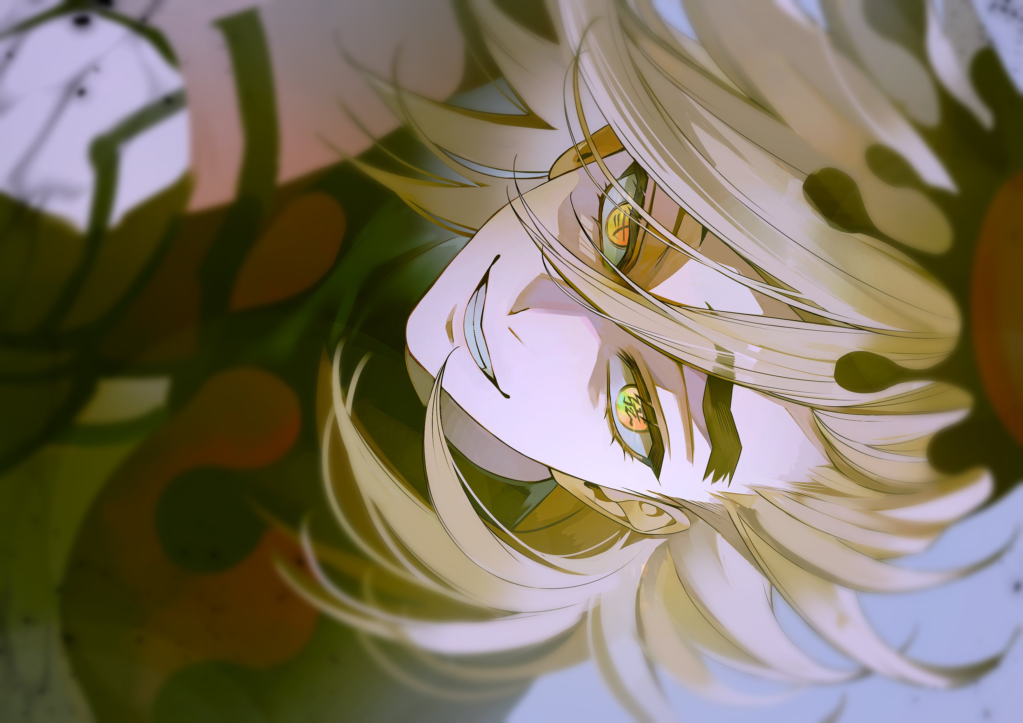douma (kimetsu no yaiba), kimetsu no yaiba, absurdres, commentary, highres, 1boy, blonde hair, blurry, close-up, depth of field, flipped hair, grin, hair between eyes, long hair, looking at viewer, male focus, multicolored eyes, orange eyes, shirt, sideways, smile, solo, sono krg, text in eyes, thick eyebrows