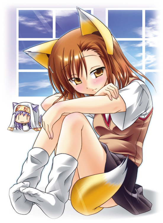 akari ryuryuwa, index (toaru majutsu no index), misaka mikoto, toaru majutsu no index, 00s, animal ears, blue hair, blush, brown eyes, brown hair, feet, school uniform, serafuku, sitting, smile, socks, tail