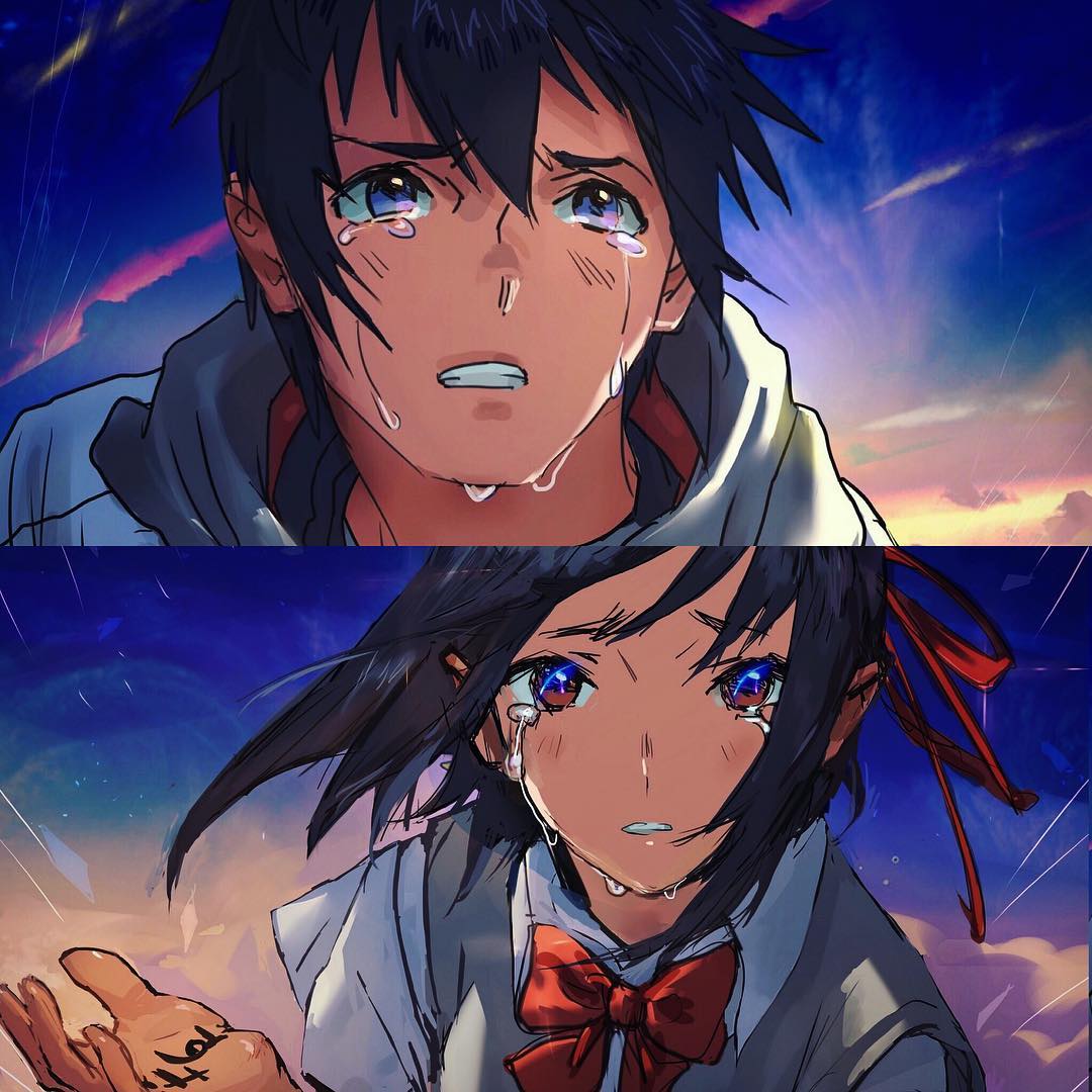centimetre, miyamizu mitsuha, tachibana taki, kimi no na wa., 1boy, 1girl, black hair, brown eyes, clenched teeth, crying, grey sweater vest, hair ribbon, jacket, purple eyes, ribbon, streaming tears, sweater vest, tears, teeth, white jacket, writing on hand