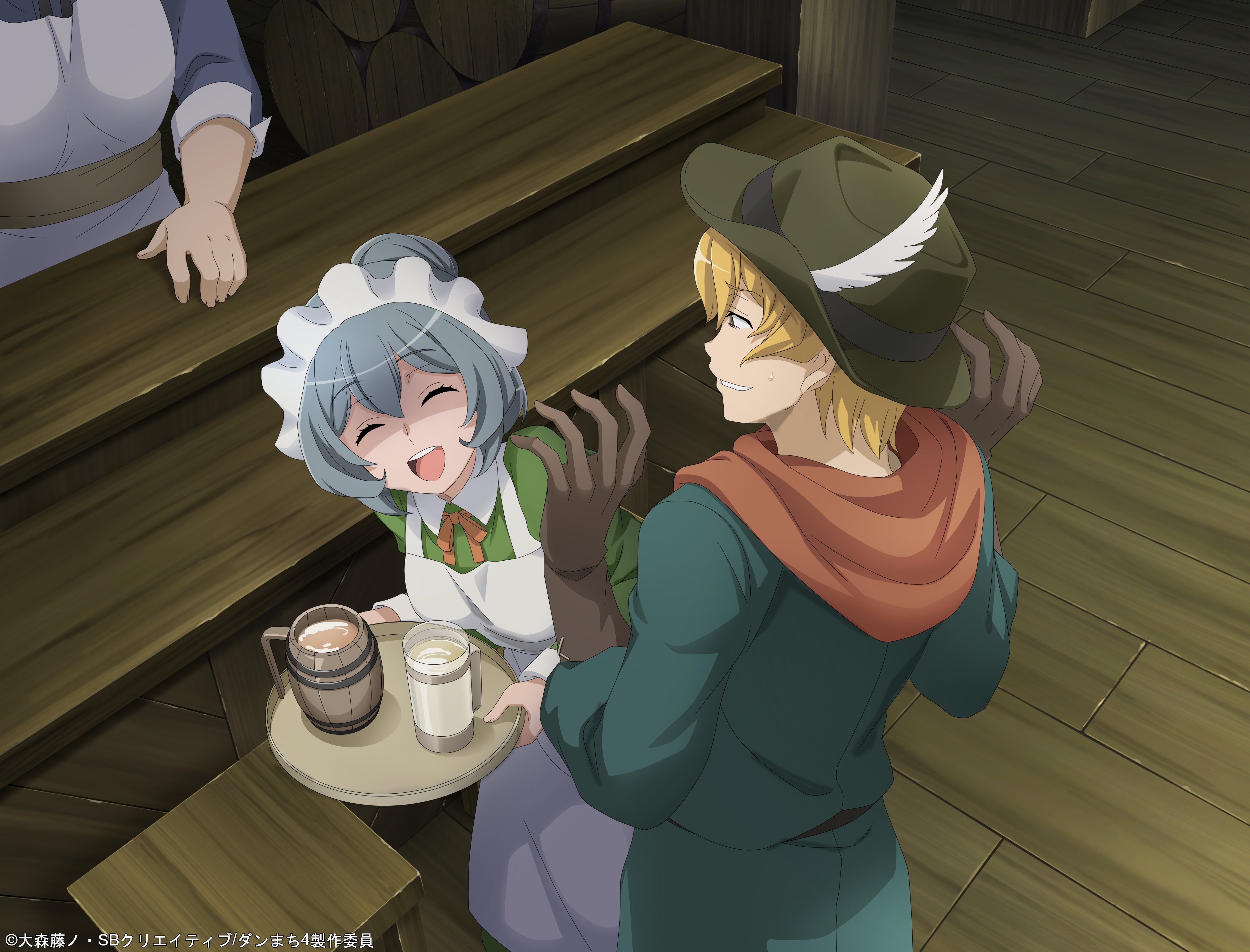 hermes (danmachi), syr flover, danmachi battle chronicle, dungeon ni deai wo motomeru no wa machigatteiru darou ka, absurdres, commentary, english commentary, highres, official art, second-party source, 1boy, 2girls, :d, anime coloring, ascot, blonde hair, breasts, brown gloves, closed eyes, collared dress, copyright notice, counter, cup, dress, feathers, flipped sidelocks, gloves, green dress, green hat, green shirt, grey hair, hands up, hat, hat feather, holding, holding tray, indoors, looking at another, maid headdress, medium breasts, mia grand, mug, multiple girls, neck ribbon, nervous smile, open mouth, orange ribbon, orange scarf, ribbon, scarf, shaded face, shirt, short hair, smile, stool, sweatdrop, tankard, tray, white ascot, white feathers, wooden floor
