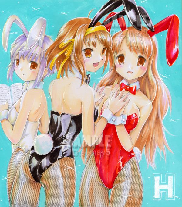asahina mikuru, nagato yuki, suzumiya haruhi, suzumiya haruhi no yuuutsu, hands together, 00s, 3girls, animal ears, ass, book, fake animal ears, fishnet pantyhose, fishnets, looking back, multiple girls, pantyhose, playboy bunny, rabbit ears, rabbit tail, tail, watermark, yuri
