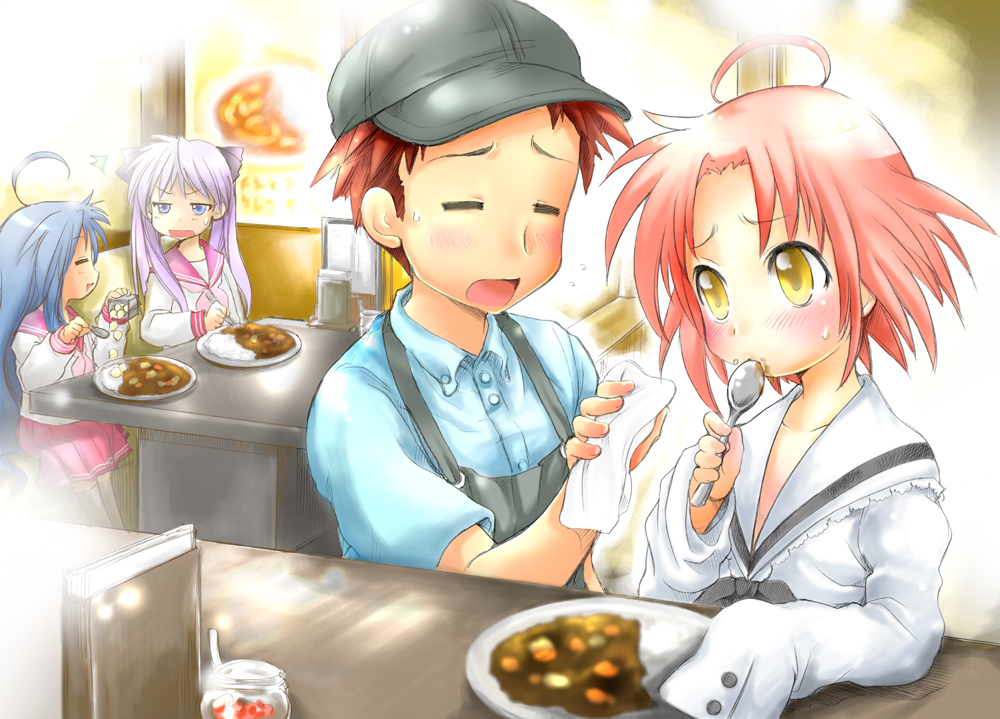ubizo, hiiragi kagami, izumi konata, kogami akira, shiraishi minoru, lucky star, 00s, 4girls, ahoge, blush, curry, eating, food, food on face, multiple girls, pink hair, plate, spoon, sweatdrop, table, yellow eyes