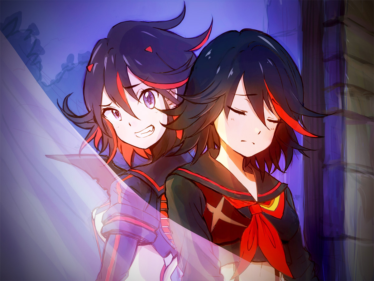 centimetre, matoi ryuuko, senketsu, kill la kill, 1girl, black eyes, black hair, breasts, crop top, curtains, different reflection, frown, grin, medium breasts, medium hair, midriff, multicolored hair, neckerchief, raised eyebrows, red hair, red neckerchief, reflection, school uniform, see-through curtains, serafuku, sideboob, smile, streaked hair, two-tone hair, upper body, window