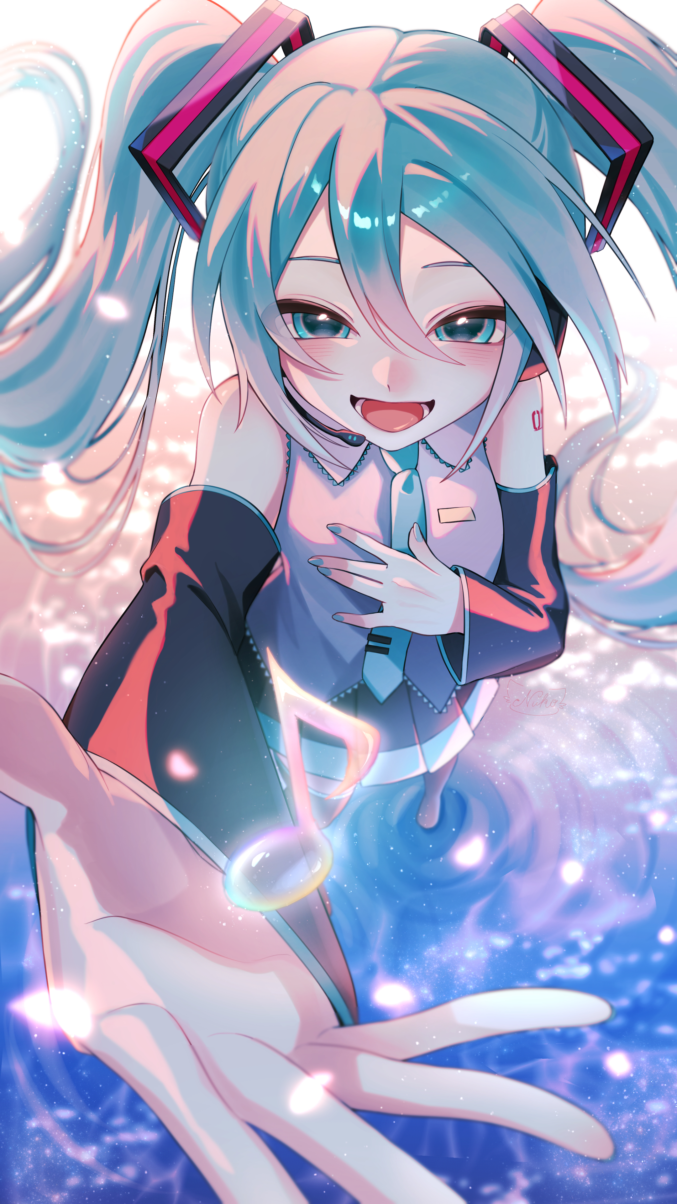 sya0 ma0, hatsune miku, vocaloid, absurdres, highres, 1girl, aqua eyes, aqua hair, aqua nails, aqua necktie, aqua trim, arm tattoo, blush, boots, breasts, collared shirt, detached sleeves, grey shirt, hair between eyes, hair ornament, hand on own chest, headset, long hair, long sleeves, looking at viewer, medium breasts, miku day, musical note, necktie, number tattoo, open mouth, pleated skirt, reaching, reaching towards viewer, shirt, skirt, sleeveless, smile, solo, tattoo, thigh boots, very long hair, wide sleeves