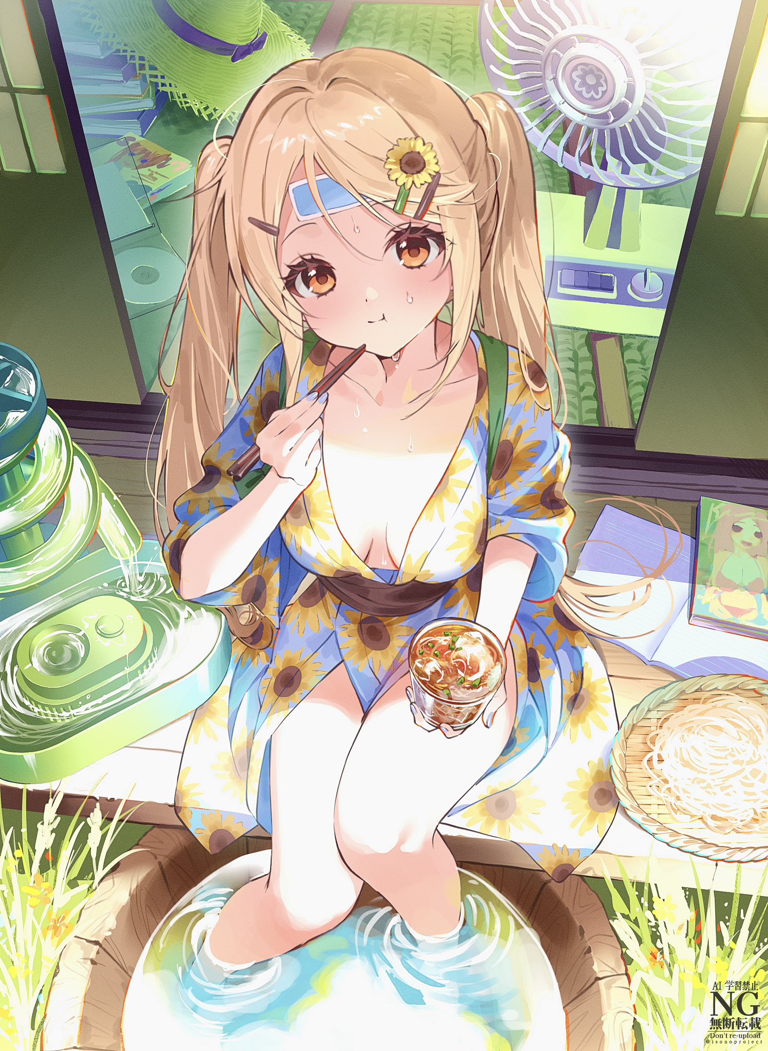 isono (isonoproject), original, commentary request, highres, 1girl, :t, blonde hair, blue kimono, blue nails, book, breasts, brown sash, bucket, cd, chopsticks, cup, drink, eating, electric fan, fanning self, fingernails, floral print, floral print kimono, food, grass, hair ornament, hairclip, hat, holding, holding chopsticks, holding cup, japanese clothes, kimono, long fingernails, long hair, looking at viewer, magazine (object), medium breasts, nail polish, noodles, obi, print kimono, sash, shade, shouji, sitting, sliding doors, soaking feet, solo, soumen, straw hat, sun hat, sunflower print, sweat, twintails, veranda, very long hair, water, wooden bucket, yellow eyes