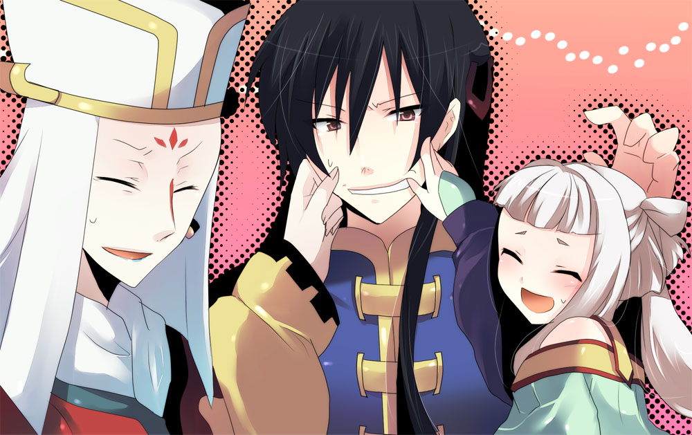 kurohara yuu, gao hai, li xingke, tianzi, code geass, 00s, 1girl, 2boys, ^ ^, black hair, blunt bangs, cheek pinching, cheek pull, chinese clothes, closed eyes, earrings, facial mark, hat, height difference, jewelry, lipstick, long hair, looking at viewer, makeup, multiple boys, pinching, smile, sweat, upper body, very long hair, white hair