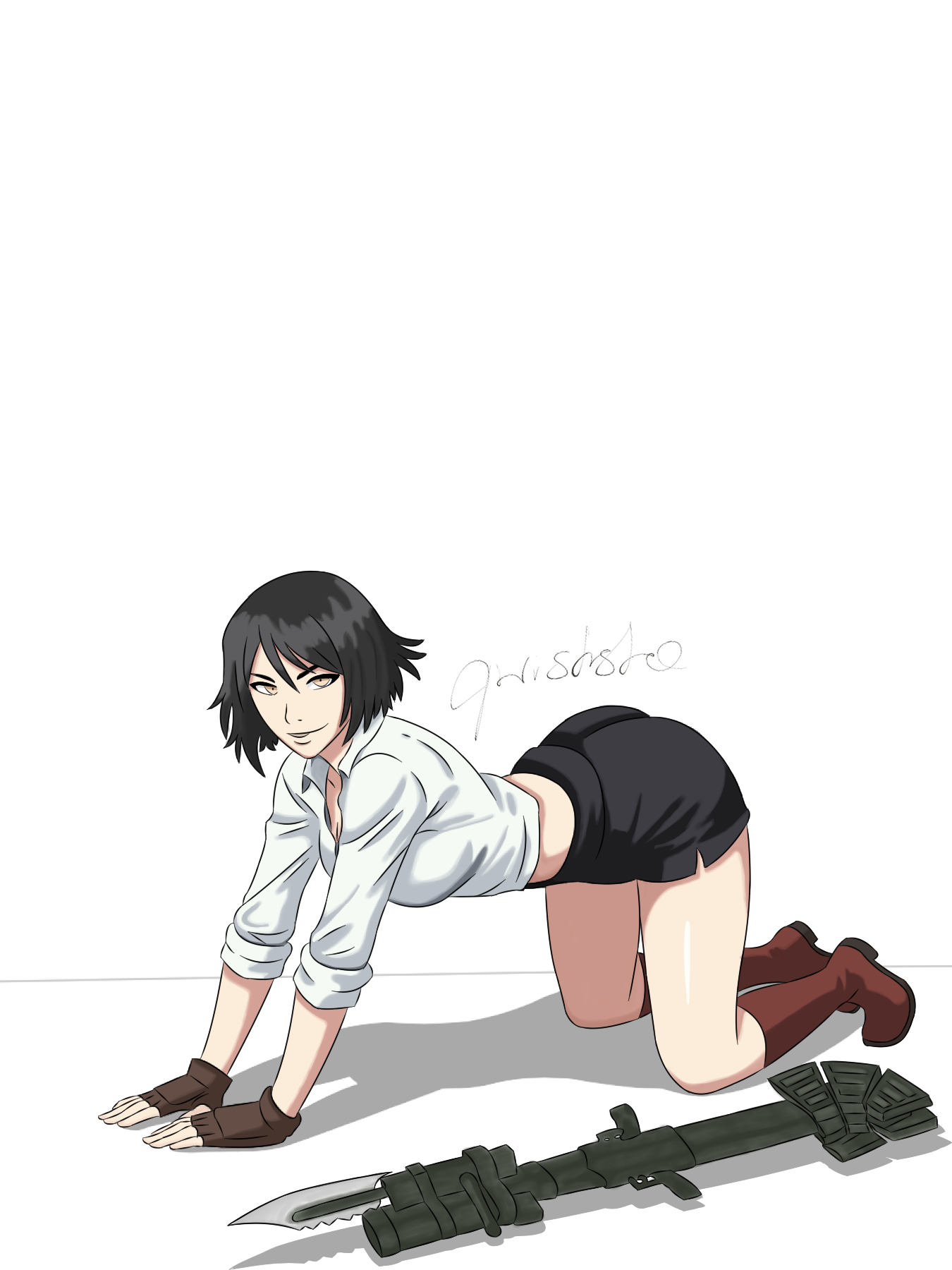 lady (devil may cry), devil may cry (series), highres, 1girl, black hair, black shorts, brown shoes, gun, qwidsho, shirt, shoes, shorts, standing, weapon, white shirt, yellow eyes