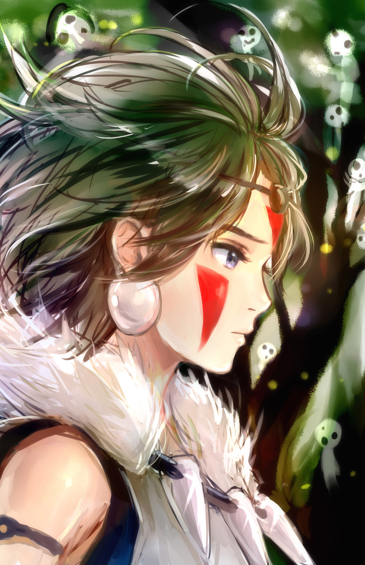 centimetre, san (mononoke hime), mononoke hime, highres, 1girl, black hair, blue eyes, cape, earrings, expressionless, facepaint, from side, fur cape, jewelry, necklace, portrait, solo, tooth necklace