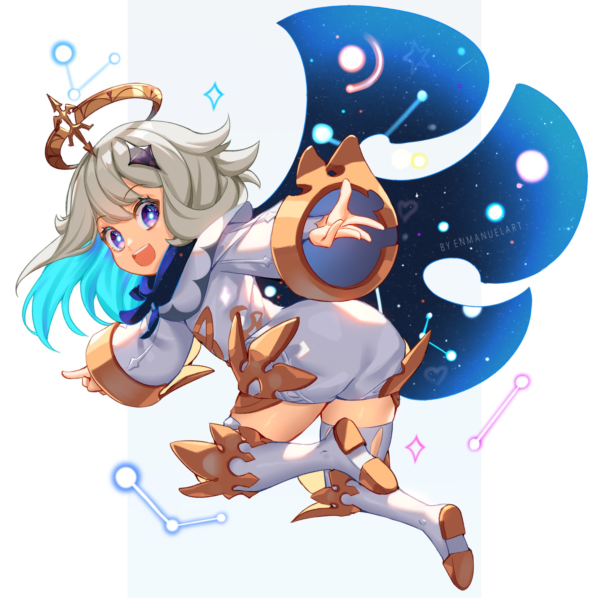 enma (enmanuelart), paimon (genshin impact), genshin impact, commentary, english commentary, highres, 1girl, artist name, blue cloak, blue eyes, blue hair, blue neckerchief, boots, bright pupils, cloak, colored inner hair, crown, dress, eyelashes, flying, from behind, full body, hair ornament, heart, long sleeves, medium hair, multicolored hair, neckerchief, open mouth, pointing, reaching, reaching towards viewer, simple background, solo, star (symbol), star hair ornament, teeth, thigh boots, upper teeth only, watermark, white background, white boots, white dress, white hair, white pupils