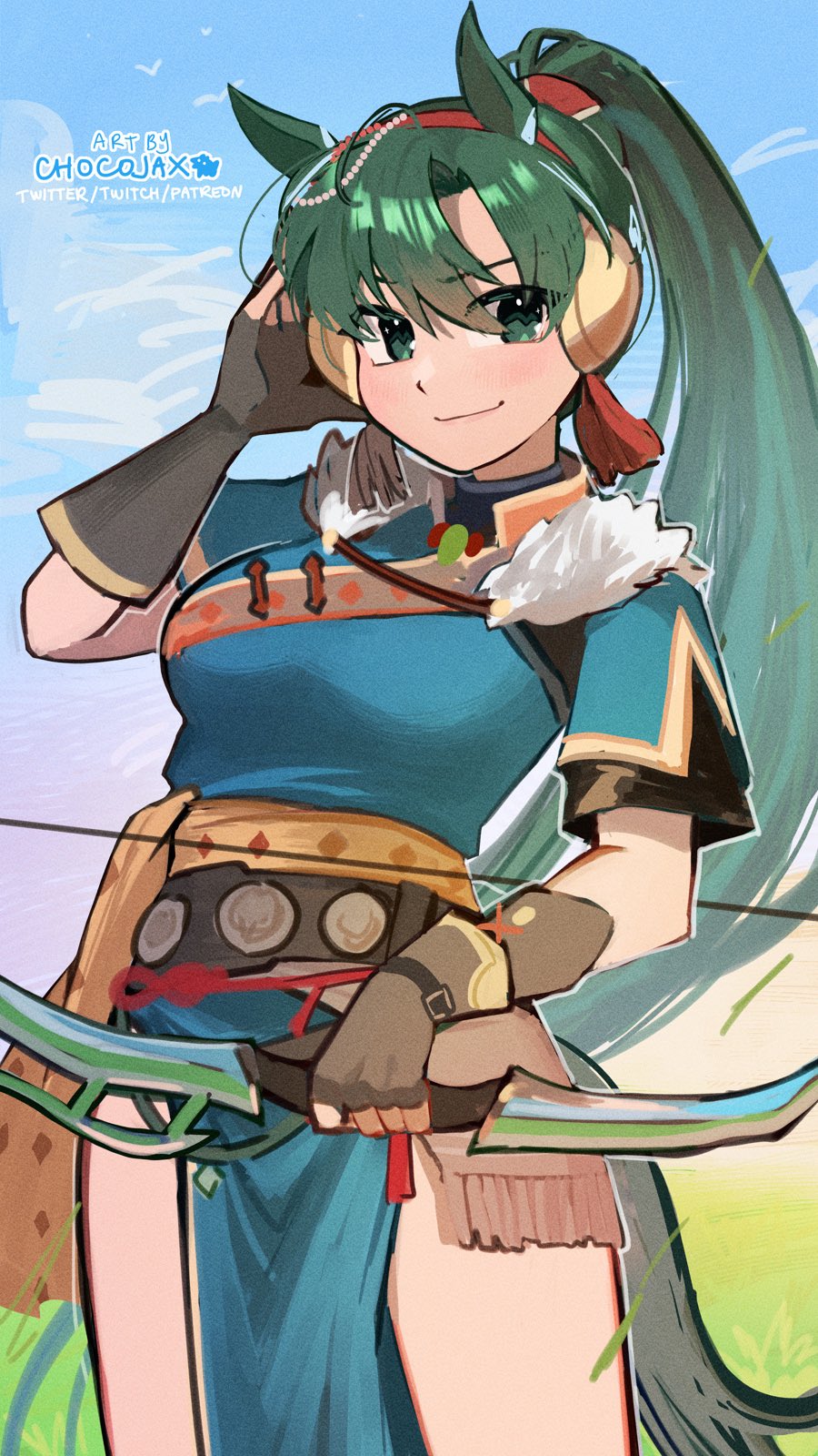 chocojax, lyn (fire emblem), lyn (plains wind) (fire emblem), fire emblem, fire emblem: the blazing blade, fire emblem shadows, nintendo, highres, 1girl, animal ears, blue dress, blush, bow (weapon), breasts, brown gloves, closed mouth, cloud, dress, fingerless gloves, fur trim, gloves, grass, green eyes, green hair, hairband, high ponytail, holding, holding bow (weapon), holding weapon, horse ears, horse girl, long hair, looking at viewer, medium breasts, outdoors, pelvic curtain, ponytail, red hairband, short sleeves, sky, smile, solo, tail, thighs, very long hair, weapon