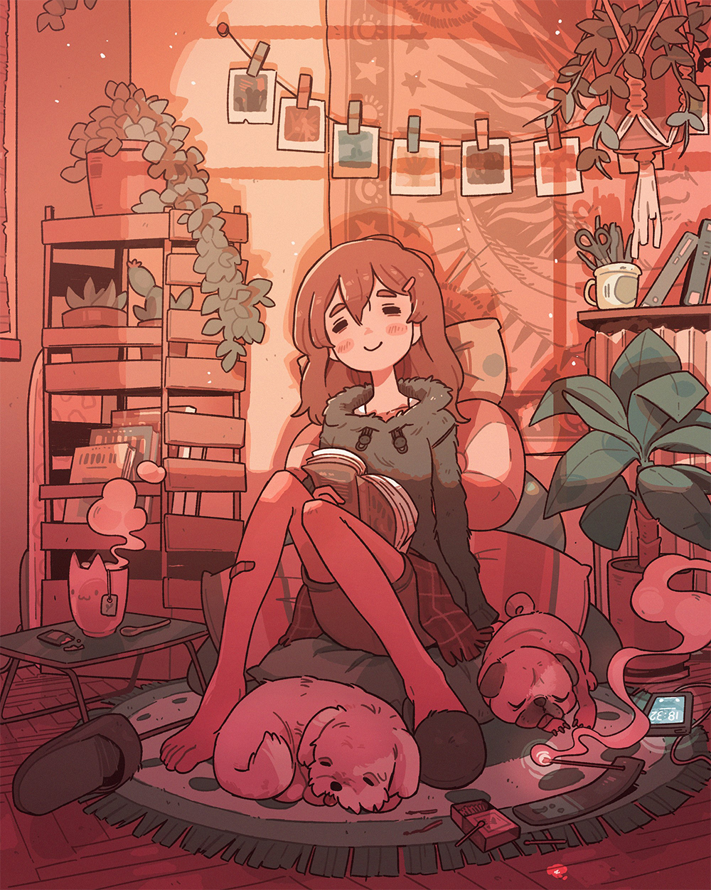 carles dalmau, original, commentary, english commentary, highres, second-party source, + +, 1girl, animal, bandaid, bandaid on leg, banner, bare legs, blush stickers, book, brown hair, cable, carpet, cellphone, closed mouth, cup, dog, fire, fringe trim, full body, fur hoodie, green hoodie, grey shorts, grey slippers, hair between eyes, hair ornament, hairclip, hanging plant, happy, holding, holding book, hood, hood down, hoodie, knees up, light particles, long hair, long sleeves, magazine (object), matchbox, matches, miniskirt, mug, open book, orange theme, phone, pillow, plaid clothes, plaid skirt, plant, potted plant, pug, red skirt, schnauzer, shelf, shoe loss, shorts, shorts under skirt, single bare foot, sitting, skirt, slippers, smartphone, smile, smoke, solo, steam, string of photos, tank top, tea, teaspoon, thick eyebrows, white tank top, wooden floor