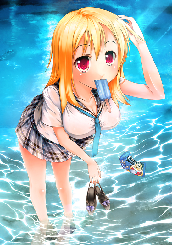 hubrael, tagme, blonde hair, food, ice cream, long hair, school uniform, serafuku, skirt, solo, water