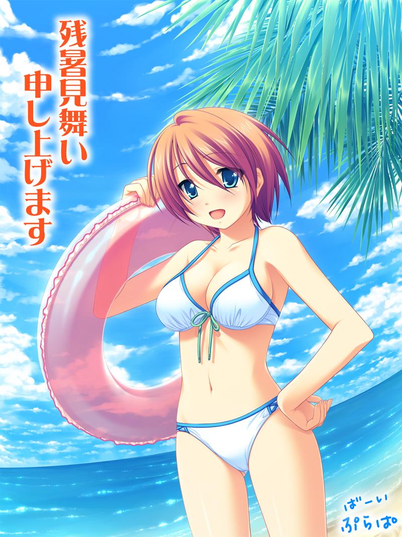 purapa, original, 1girl, bare arms, beach, bikini, blush, breasts, brown hair, cleavage, collarbone, cowboy shot, day, female focus, green eyes, hair between eyes, innertube, large breasts, looking at viewer, navel, ocean, outdoors, short hair, solo, swim ring, swimsuit, water, white bikini, zanshomimai