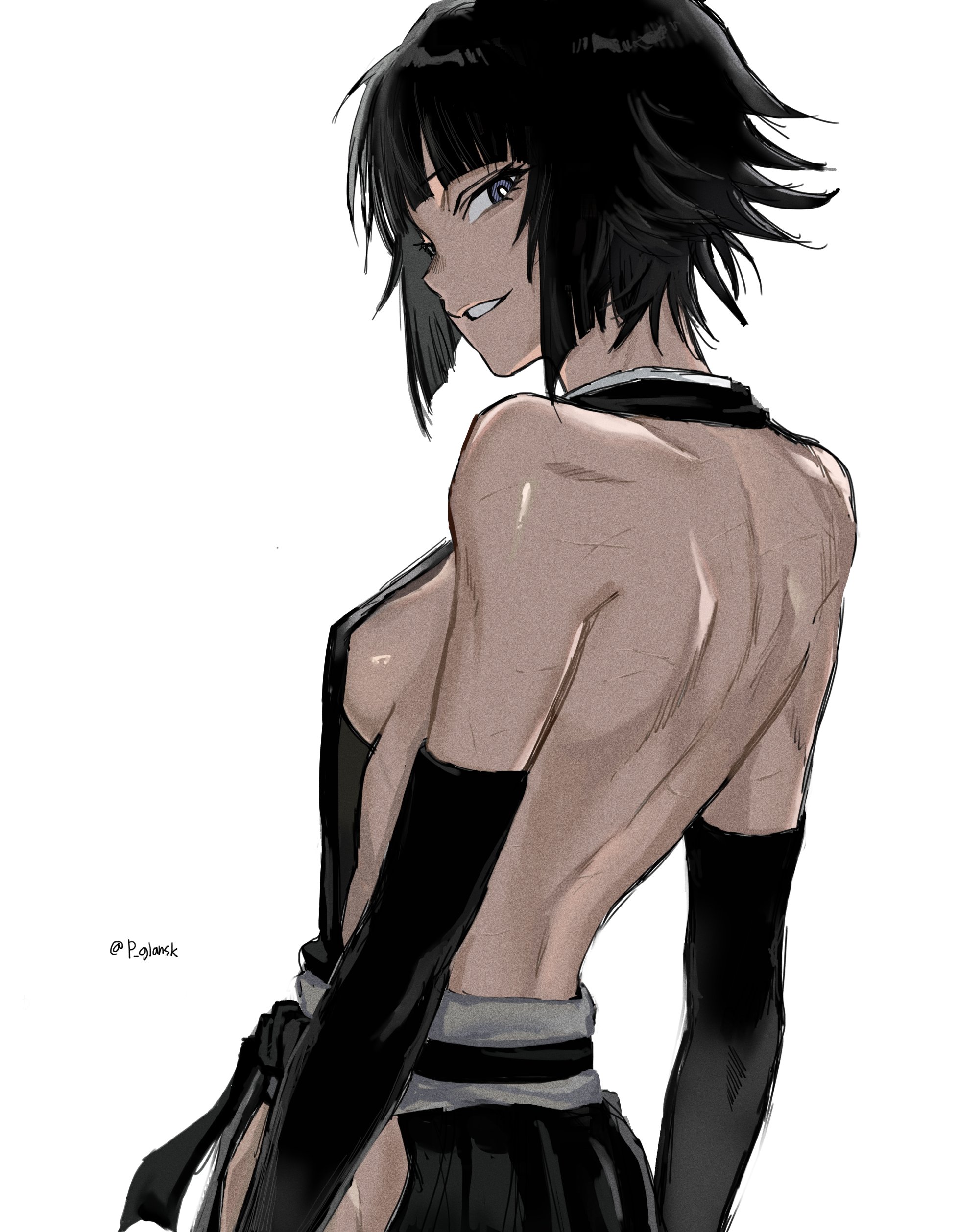 p glansk, sui-feng, bleach, bleach: sennen kessen-hen, highres, 1girl, artist name, bare back, bare shoulders, black hair, breasts, elbow gloves, female focus, gloves, japanese clothes, medium hair, shihakusho, shiny skin, sideboob, simple background, small breasts, teeth, twitter username, white background