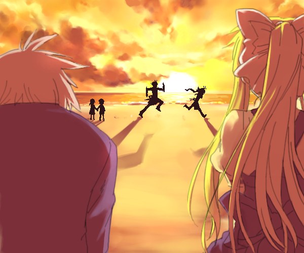 zen, boy (air), furukawa akio, furukawa sanae, girl (air), kamio misuzu, kunisaki yukito, air (visual novel), clannad, key (company), 00s, 3boys, 3girls, beach, blonde hair, company connection, crossover, multiple boys, multiple girls, ocean, running, sunset