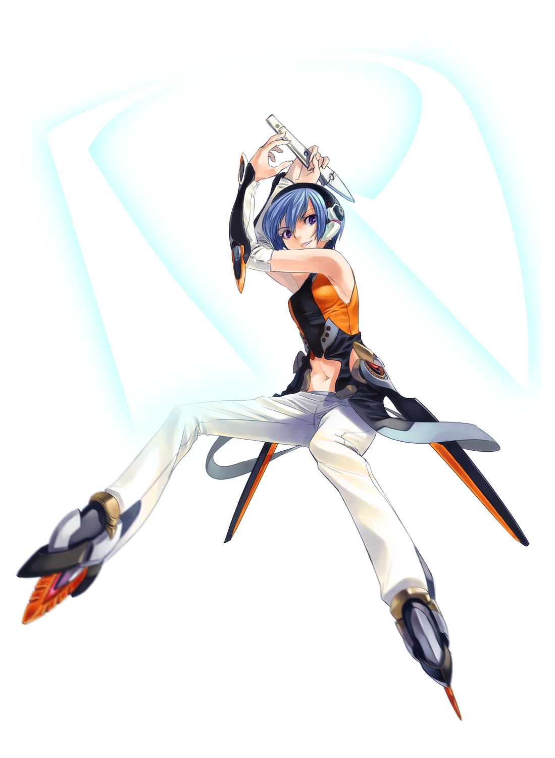 shimotsuki eight, original, ptc, bad id, bad pixiv id, highres, 1girl, armpits, blue hair, bracer, energy sword, female focus, fighting stance, headgear, navel, pants, purple eyes, smile, solo, sword, weapon