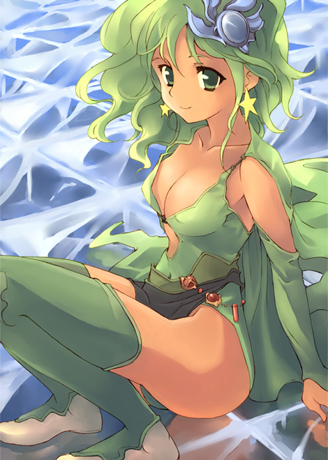 kouno hikaru, rydia (adult) (ff4), rydia (ff4), final fantasy, final fantasy iv, 1990s (style), 1girl, aged up, ass, boots, breasts, cleavage, female focus, green boots, green eyes, green hair, large breasts, leotard, matching hair/eyes, retro artstyle, solo, thighhighs