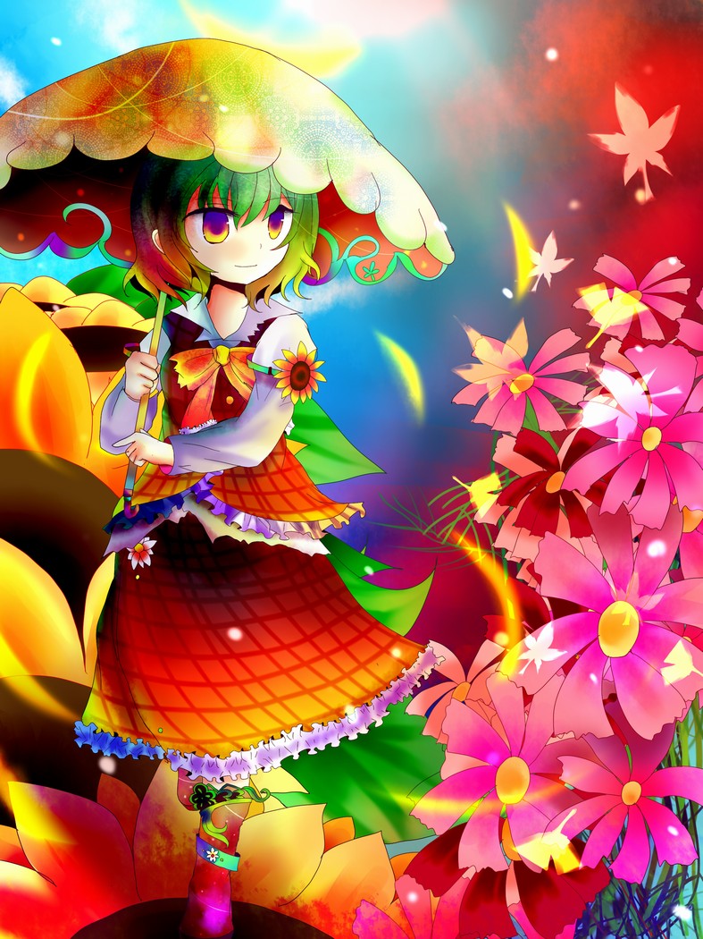 kazu (muchuukai), kazami yuuka, touhou, bad id, bad pixiv id, 1girl, ascot, colorful, female focus, flower, green hair, leaf, multicolored eyes, multicolored hair, parasol, plaid clothes, plaid skirt, plaid vest, short hair, skirt, skirt set, solo, sunflower, umbrella, vest