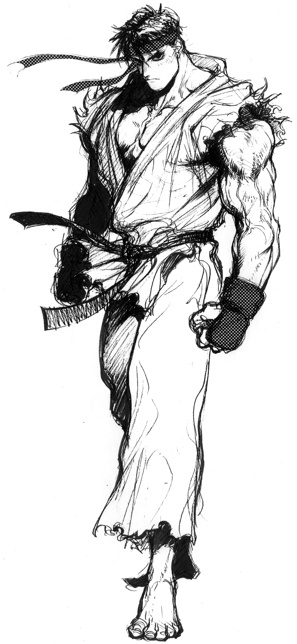 nishimura kinu, ryu (street fighter), street fighter, street fighter ii (series), game cg, highres, non-web source, official art, 1boy, bare shoulders, barefoot, clenched hands, dougi, fingerless gloves, forked eyebrows, full body, gloves, headband, looking at viewer, male focus, martial arts belt, mma gloves, monochrome, muscular, muscular male, short hair, solo, torn clothes, torn sleeves, white background
