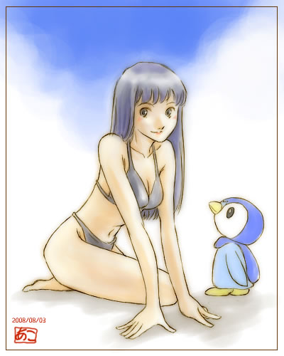 akosan, dawn (pokemon), piplup, nintendo, pokemon, lowres, aged up, alternate hairstyle, barefoot, bikini, bird, black eyes, black hair, gen 4 pokemon, kneeling, long hair, penguin, pokemon (creature), swimsuit