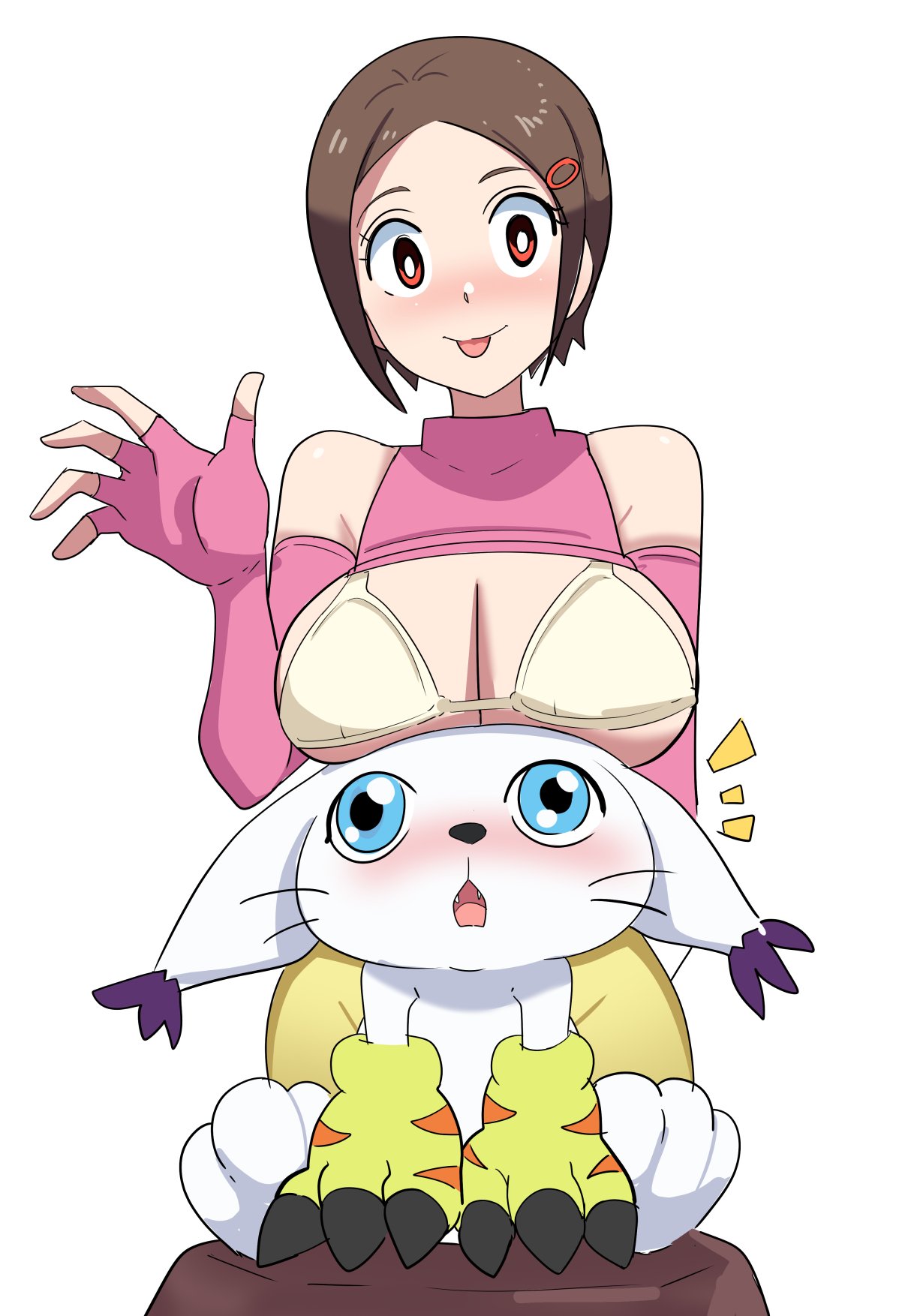 pabsmikan, tailmon, yagami hikari, digimon, digimon adventure 02, highres, 1girl, bare shoulders, blush, bra, breast rest, breasts, breasts on head, brown hair, clothes lift, cowboy shot, digimon (creature), large breasts, pink shirt, shirt, shirt lift, short hair, shorts, simple background, tongue, tongue out, underwear, white background, white bra, yellow shorts