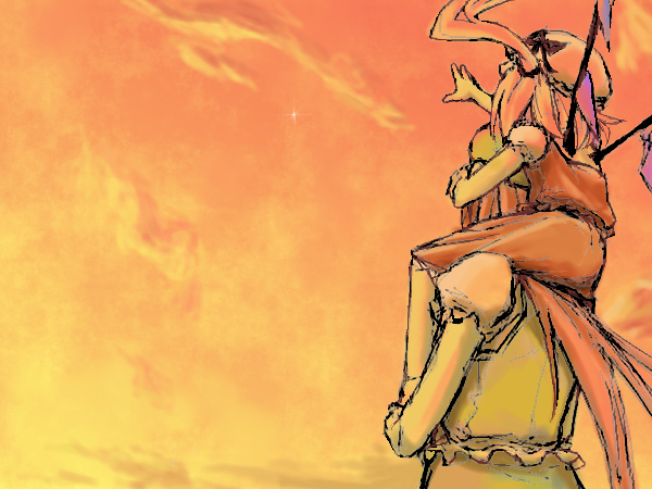 honmaguro, shintaro (pixiv), flandre scarlet, hong meiling, embodiment of scarlet devil, touhou, 2girls, blonde hair, carrying, female focus, hat, long hair, mob cap, multiple girls, ponytail, red hair, shoulder carry, star (sky), wings