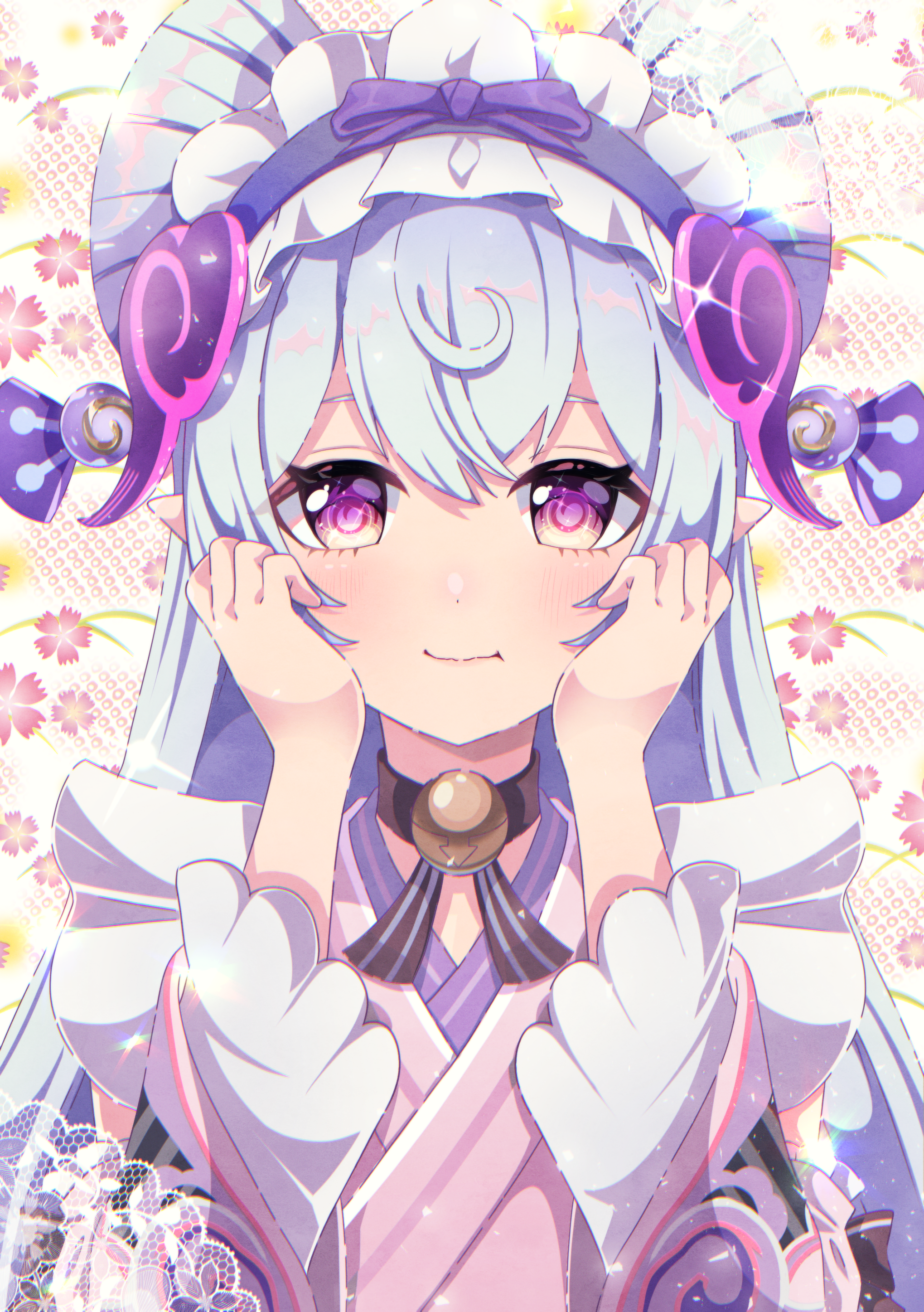leek riiki, yumemizuki mizuki, genshin impact, absurdres, highres, 1girl, apron, aqua hair, closed mouth, frilled apron, frilled hairband, frills, hair between eyes, hair ornament, hairband, hands on own cheeks, hands on own face, japanese clothes, kimono, long hair, long sleeves, looking at viewer, maid, maid apron, maid headdress, nihongami, pink kimono, pointy ears, purple eyes, smile, solo, upper body, very long hair, wa maid, white apron