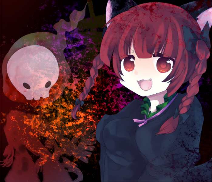 eiko (pixiv), eiko (tukino), kaenbyou rin, touhou, bad id, bad pixiv id, 1girl, animal ears, braid, cat ears, cat girl, fang, female focus, red eyes, red hair, ribbon, skull, solo, twin braids, twintails