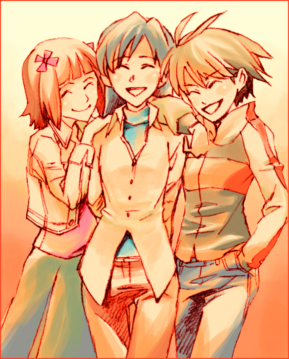 juu (juuzi), amami haruka, kikuchi makoto, kisaragi chihaya, idolmaster, idolmaster (classic), idolmaster 1, bad id, bad pixiv id, 00s, 3girls, :d, ^ ^, antenna hair, belt, black hair, blunt bangs, brown hair, buckle, buttons, closed eyes, cowboy shot, female focus, long sleeves, multiple girls, open mouth, pants, purple eyes, short hair, smile, standing