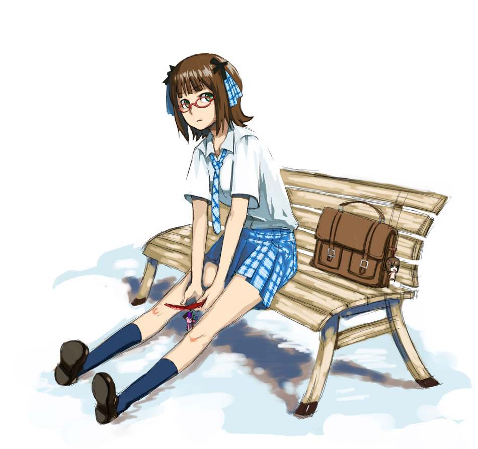 zearthp, amami haruka, nonowa, idolmaster, idolmaster (classic), 00s, 1girl, bag, bench, bespectacled, brown hair, cellphone, character doll, doll, dorsiflexion, female focus, glasses, green eyes, necktie, phone, plaid clothes, plaid skirt, pleated skirt, red-framed eyewear, rough time school, school bag, school uniform, serafuku, short hair, sitting, skirt, solo