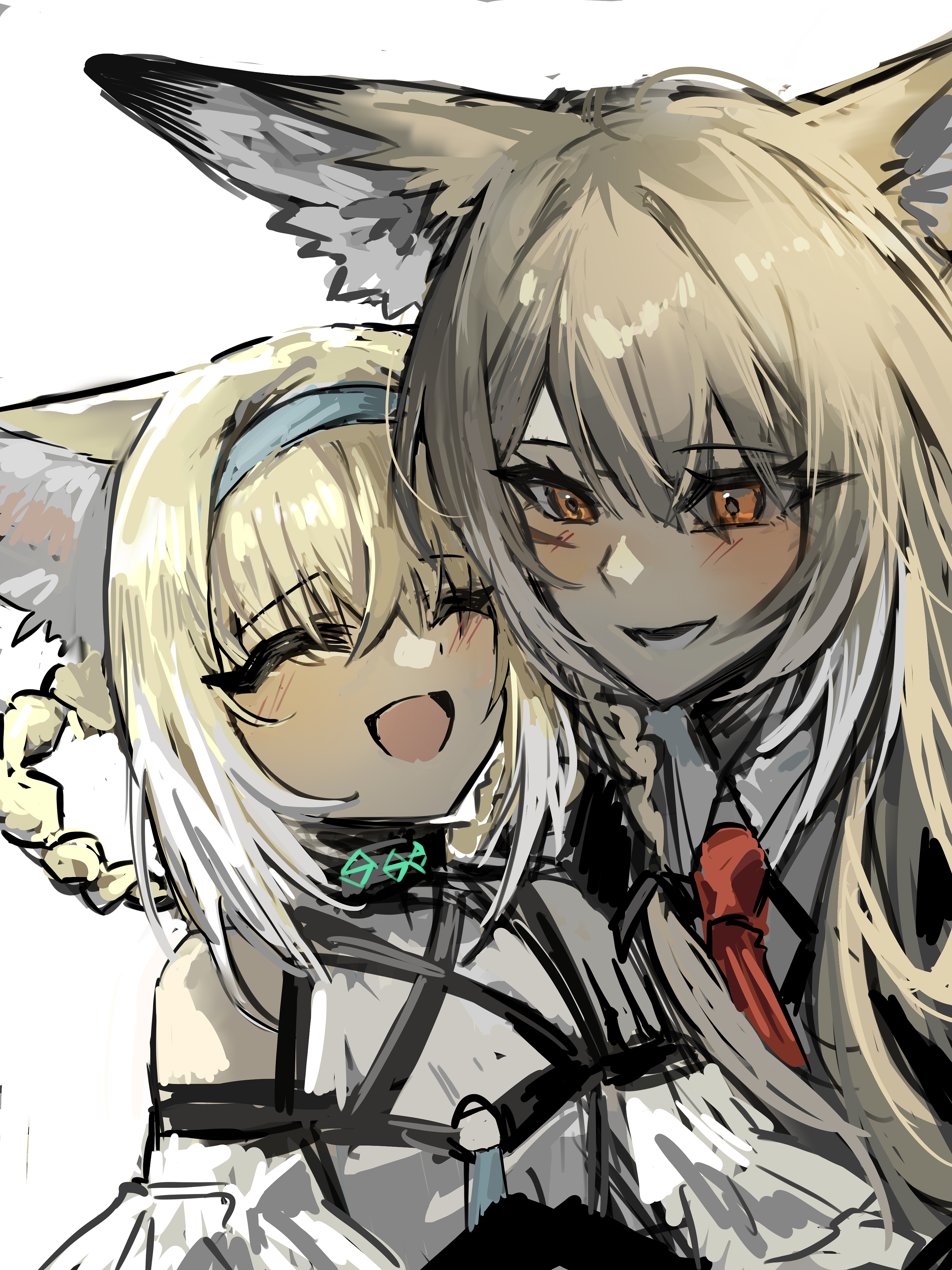 leke-leke, infection monitor (arknights), suzuran (arknights), vulpisfoglia (arknights), arknights, absurdres, chinese commentary, commentary request, highres, unfinished, 2girls, :d, ^ ^, animal ears, bare shoulders, blonde hair, blue hairband, blush, closed eyes, eyes visible through hair, facial scar, hair between eyes, hair rings, hairband, happy, heads together, laughing, long hair, mother and daughter, multicolored hair, multiple girls, o-ring, open mouth, orange eyes, scar, scar on cheek, scar on face, short hair, simple background, sketch, smile, streaked hair, white background, white hair