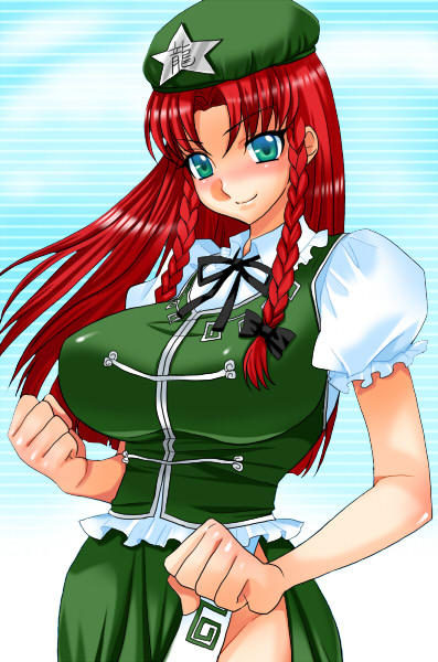 tooru jin, hong meiling, immaterial and missing power, touhou, 1girl, braid, breasts, china dress, chinese clothes, dress, female focus, gradient background, hat, huge breasts, long hair, outdoors, red hair, ribbon, side braid, skirt, sky, solo, twin braids, twintails, white background