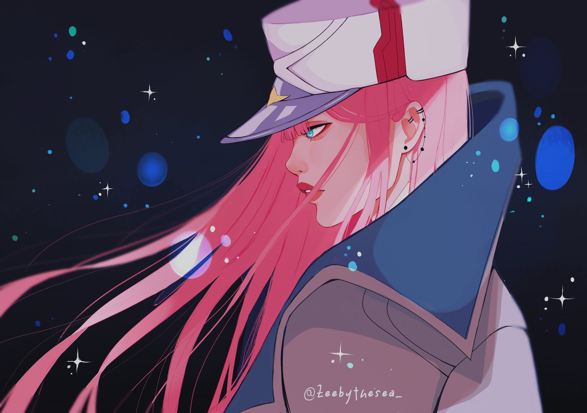 zeebythesea, zero two (darling in the franxx), darling in the franxx, highres, 1girl, aegyo sal, aqua eyes, asian, black background, blunt bangs, blurry, coat, colored lapels, depth of field, ear piercing, eyelashes, eyeliner, floating hair, from side, hat, lapels, light particles, looking ahead, makeup, military hat, parted lips, piercing, pink hair, profile, red eyeliner, sparkle, twitter username, upper body, white coat